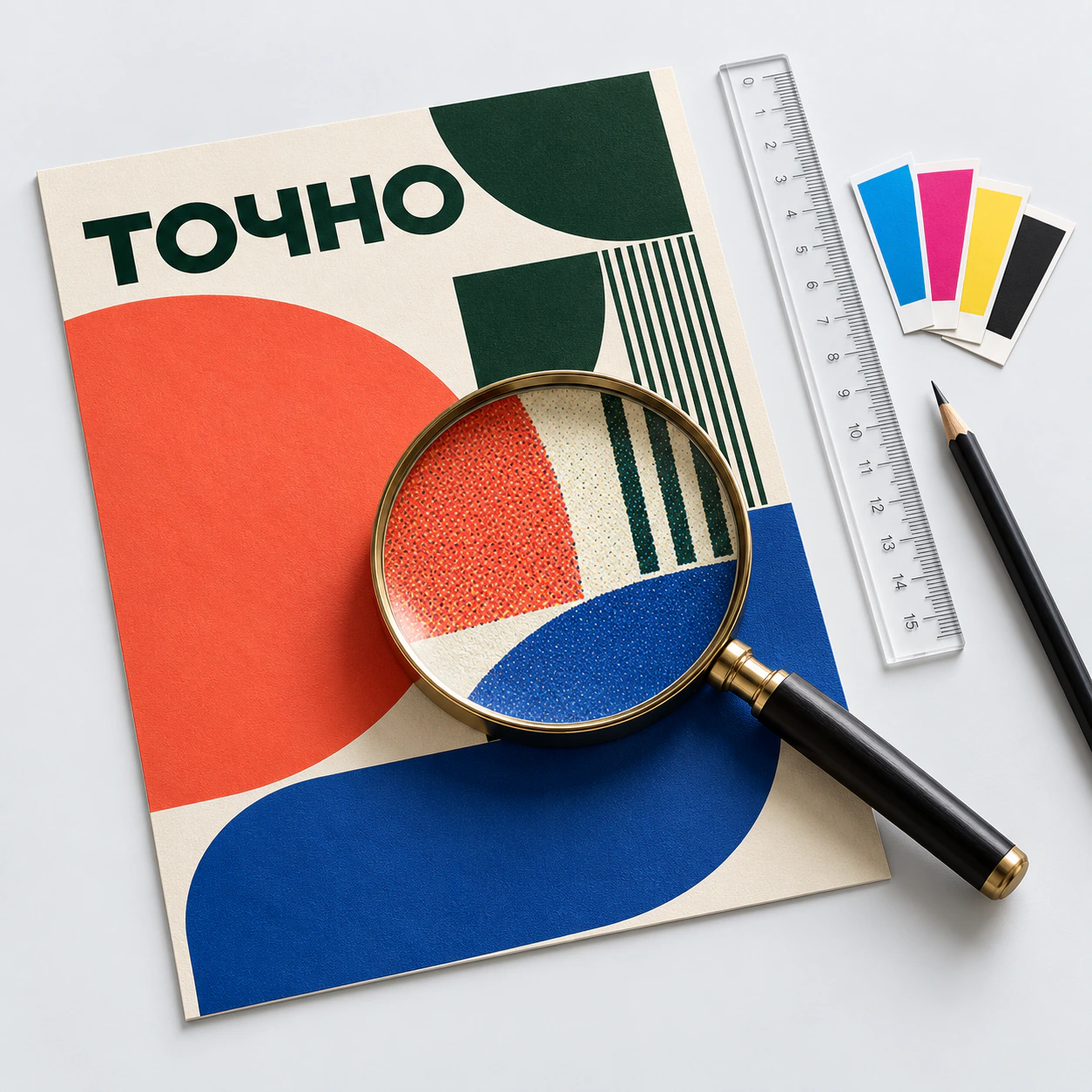 Постер под лупой, линейка и шкала CMYK: проверка макета перед печатью
